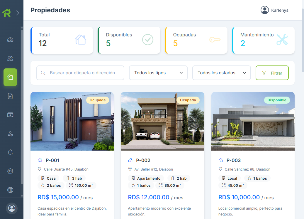 Dashboard de gestión de alquileres RentyZen